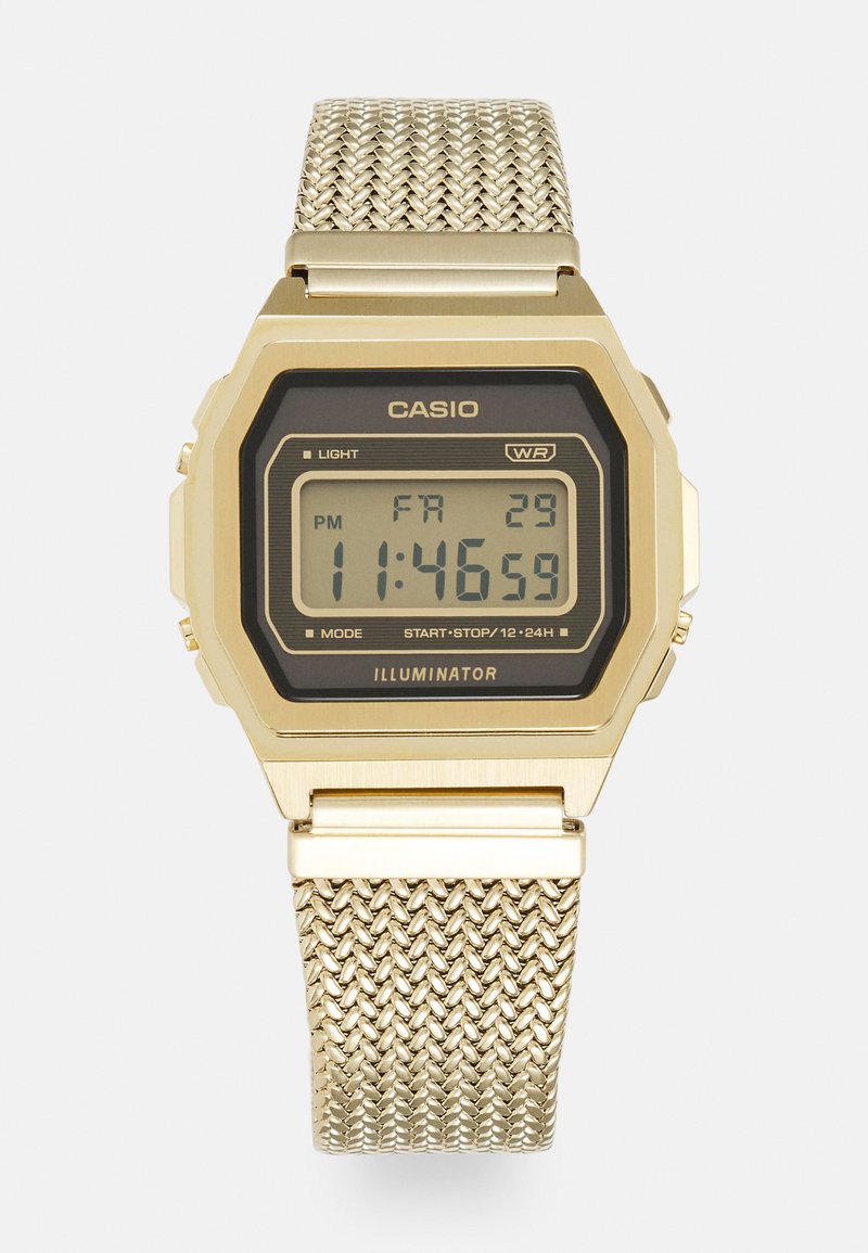 Gold digital watch with a black display, featuring LCD screen, light function, and mesh strap. Square case with clear digital time and date.