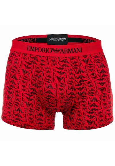 Boxers en coton rouge mettant en avant un motif de logo noir répétitif. La ceinture est rouge avec le logo "Emporio Armani" affiché de manière bien visible.