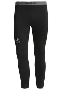 Leggings neri realizzati in tessuto liscio, con una cintura grigia e un piccolo logo argentato sulla coscia sinistra. Design aderente.