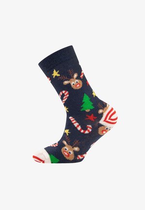 Navy-Bl sock mit festlichem Muster: Rentiere, Zuckerstangen, Weihnachtsbäume und Sterne. Hergestellt aus weichem Stoff mit einem gerippten Bund und kontrastierender Fußspitze.