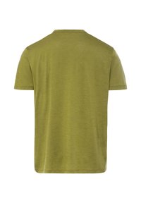 T-shirt uni vert olive à manches courtes vu de dos sur un fond blanc.