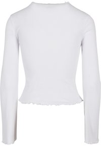 Weißes Langarmshirt mit körperbetonter Passform, aus geripptem Stoff gefertigt. Mit einem kurzen Saum mit gewellten Kanten und einem runden Halsausschnitt.