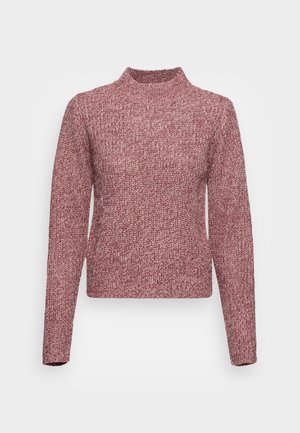 Pull en tricot à col montant, à manches longues, de couleur bordeaux avec un motif texturé. Design court, légèrement ajusté.