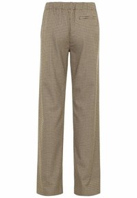 Pantalon à motif pied-de-poule beige et noir, coupe droite, avec une ceinture élastique et une seule poche passepoilée à l'arrière.