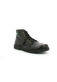 Stivale alla caviglia in pelle nera con finitura testurizzata, punta tonda, chiusura con lacci e suola in gomma. Presenta un'etichetta del marchio verde e un'etichetta decorativa.