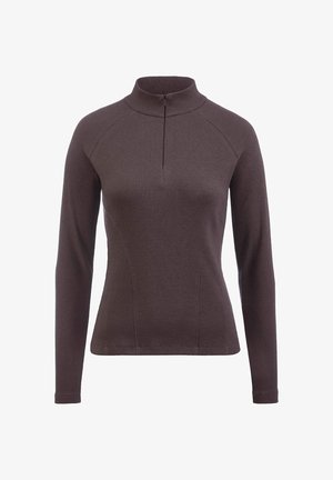 Langarm, donkerbruine geribde trui met een opstaand kraagje en korte rits aan de voorkant, aansluitende silhouet.