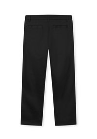 Černé kalhoty rovného střihu vyrobené z hladké látky, se dvěma zadními kapsami a čistým pasem bez viditelných zapínání.