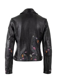 Zwart leren jack met bloemenborduursels in roze, oranje en groen op de mouwen. Opvallend ontwerp met een reverskraag en een getailleerde vorm.