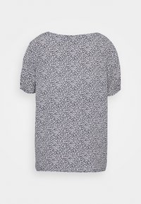 Krátký rukáv top v námořnické barvě s bílým květinovým vzorem. Má kulatý výstřih a splývavou látku. Měkká textura s volným střihem.