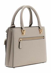 Sac à main gris texturé avec doubles poignées, quincaillerie dorée, une poche zippée à l'avant et un design structuré. Dispose d'un fond solide avec pieds.