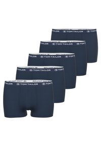 Boxer-briefs pour hommes de couleur bleu foncé avec une ceinture blanche arborant le logo "Tom Tailor". Le tissu semble lisse et élastique. Cinq paires sont exposées.