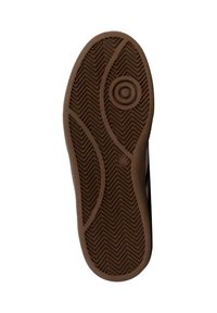 Suela de zapato de goma marrón con un patrón de espiga y acentos redondeados. Presenta elementos de diseño circulares y curvados, que proporcionan textura de agarre.