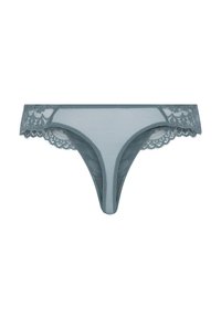 Lacy, teal thong with sheer mesh fabric; features a scalloped lace waistband and clean-cut edges for a smooth fit.