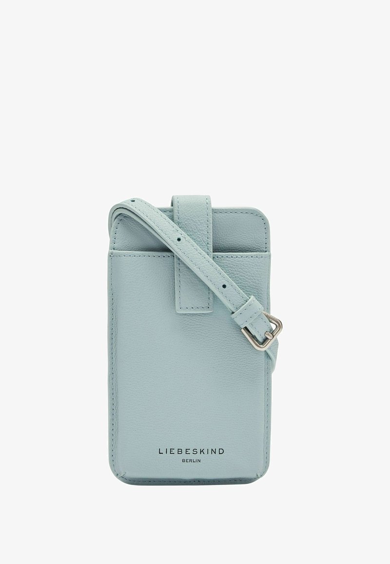 Pochette téléphone en cuir bleu clair à bandoulière réglable avec le texte "Liebeskind Berlin" sur le devant.