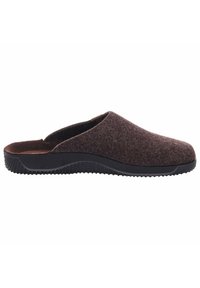 Zapatos de fieltro marrón sin cordones con suela de goma negra. Presentan un diseño de perfil bajo y parte trasera abierta, adecuados para un uso fácil.