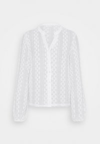 Bílá krajková blůza s knoflíkovou přední částí, dlouhými rukávy, mandarínským límečkem a texturovaným, vzorovaným designem.