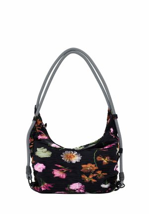 Sac à main en tissu noir froncé avec imprimé floral multicolore et double bandoulière rayée noir et blanc.