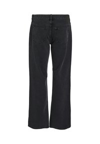 Jeans de mezclilla negra con corte recto, que cuentan con dos bolsillos traseros y una cinturilla suave. La tela tiene un aspecto suave y ligeramente texturizado.