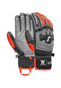 Graue und schwarze Handschuhe mit orangefarbenen Akzenten; strukturierter Stoff, verstärkter Handfläche, verstellbarer Handgelenksriemen und Logo-Detail auf der Rückseite.