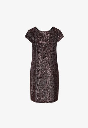 Schitterende donkerpaarse jurk met kapmouwen. Bevat verticale paillettenversieringen, een aansluitende pasvorm en een ronde halslijn. Klassiek ontwerp.