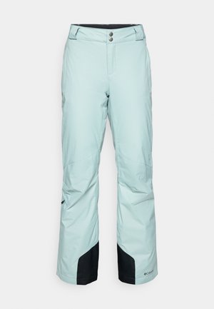 Pantalones de nieve de un verde menta claro con un diseño de pierna recta, dos botones frontales y detalles negros en los puños. Fabricados con material impermeable.