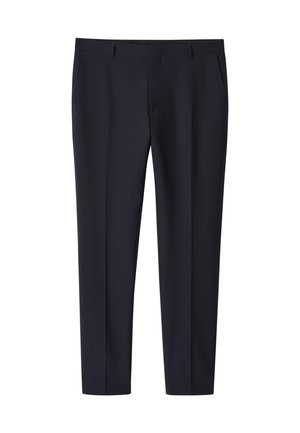 Fekete szabott nadrág övbújtatókkal, első zsebekkel és karcsú, egyenes szárú fazonnal.