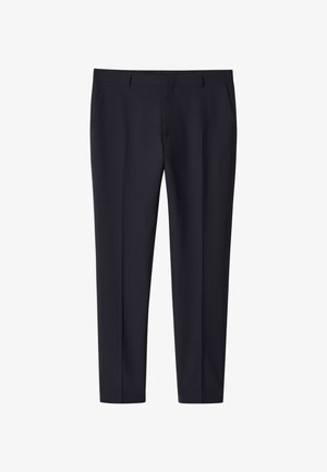 Čierne prispôsobené nohavice s opaskovými očkami, prednými vreckami a úzkym rovno strihaným strihom.