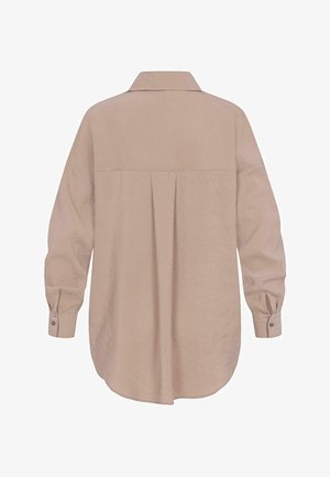 Hellbraunes Hemd mit Kragen, langen Ärmeln und Faltendetail auf der Rückseite. Weicher Stoff und abgerundeter Saum. Mit Knöpfen versehenen Manschetten.