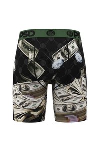 Black boxer briefs with a green waistband, featuring a money and diamond graphic print, showcasing detailed dollar bills and gemstones.