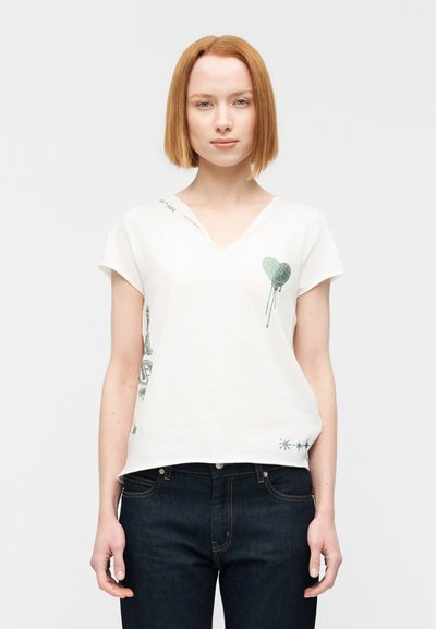 White short-sleeve t-shirt with a v-neck, featuring green graphic designs of hearts and stars on the front and left shoulder.