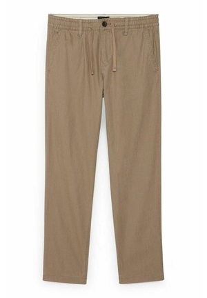 Chino beige con vita elastica, coulisse e tasche anteriori. Il tessuto è liscio con una leggera texture e design a gamba dritta.