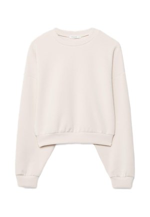 Felpa beige corta con scollo rotondo, maniche lunghe e polsini e orlo a coste, mostrata distesa su uno sfondo bianco.