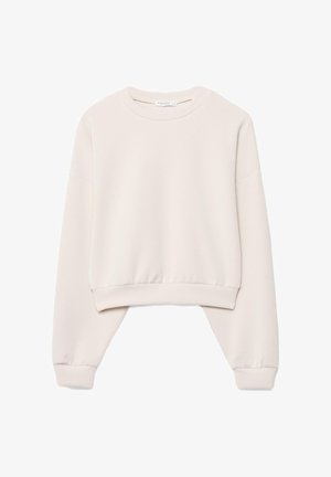 Felpa beige corta con scollo rotondo, maniche lunghe e polsini e orlo a coste, mostrata distesa su uno sfondo bianco.