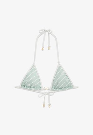 Haut de bikini triangle vert clair avec motif corde blanche, bordure blanche et accents de breloques dorées sur les bretelles nouées.