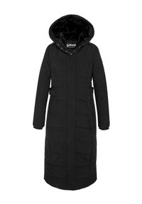 Długa czarna pikowana kurtka z kapturem, zapinana na zamek, z bocznymi kieszeniami i regulowanym paskiem w talii.