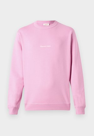 Różowy sweter z bawełny, z długimi rękawami i okrągłym dekoltem. Z przodu znajduje się biały napis w kursywie.