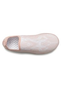 Light pink slip-on shoe with a textured mesh upper, subtle white geometric pattern, and a cushioned insole with polka dots.