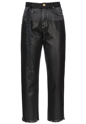 Pantaloni in denim nero con finitura lucida, vita alta, cinque tasche, passanti per cintura e una striscia laterale testurizzata con orlo sfilacciato.