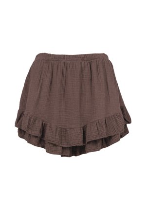 Brauner Minirock aus strukturiertem Stoff mit elastischem Bund und doppellagigem, gerafftem Saum.