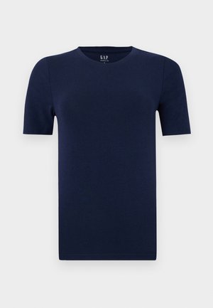 T-shirt azul marinho de manga curta e gola redonda, feito de tecido de algodão suave. Apresenta um corte regular com bainhas direitas para um design confortável.