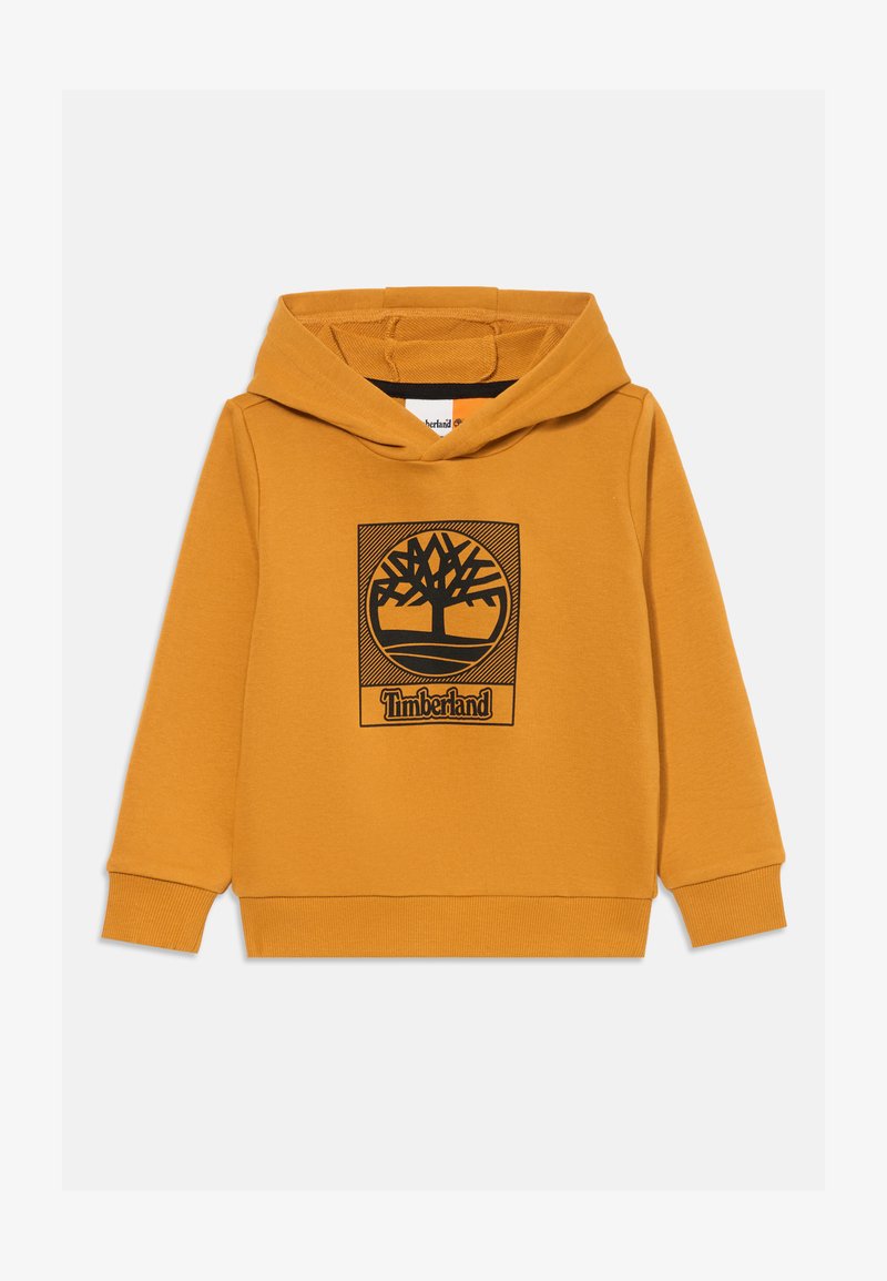 Gelbe Kapuzenjacke aus weichem Material, mit einem schwarzen Grafikdesign eines Baumes und dem Text "Timberland" darunter. Gerippte Bündchen und Saum.