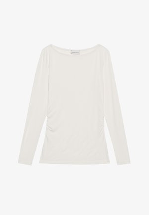 Weißes Langarmshirt aus weichem Stoff, mit rundem Halsausschnitt und gerafften Details an den Seiten für zusätzliche Textur.