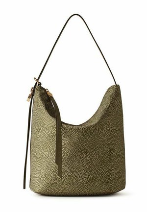 Textured olive green hobo handbag with single shoulder strap and slim leather zipper pulls on white background.
