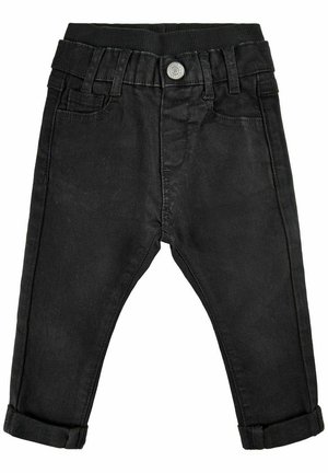 Pantalons en denim noir avec une taille douce, cinq poches, des ourlets roulés et un bouton en métal à fermeture sur le devant.