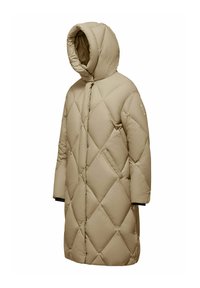 Cappotto imbottito beige, trapuntato e con cappuccio, caratterizzato da un motivo a rombi, maniche lunghe e colletto alto per garantire calore. Accentuato da polsini neri.