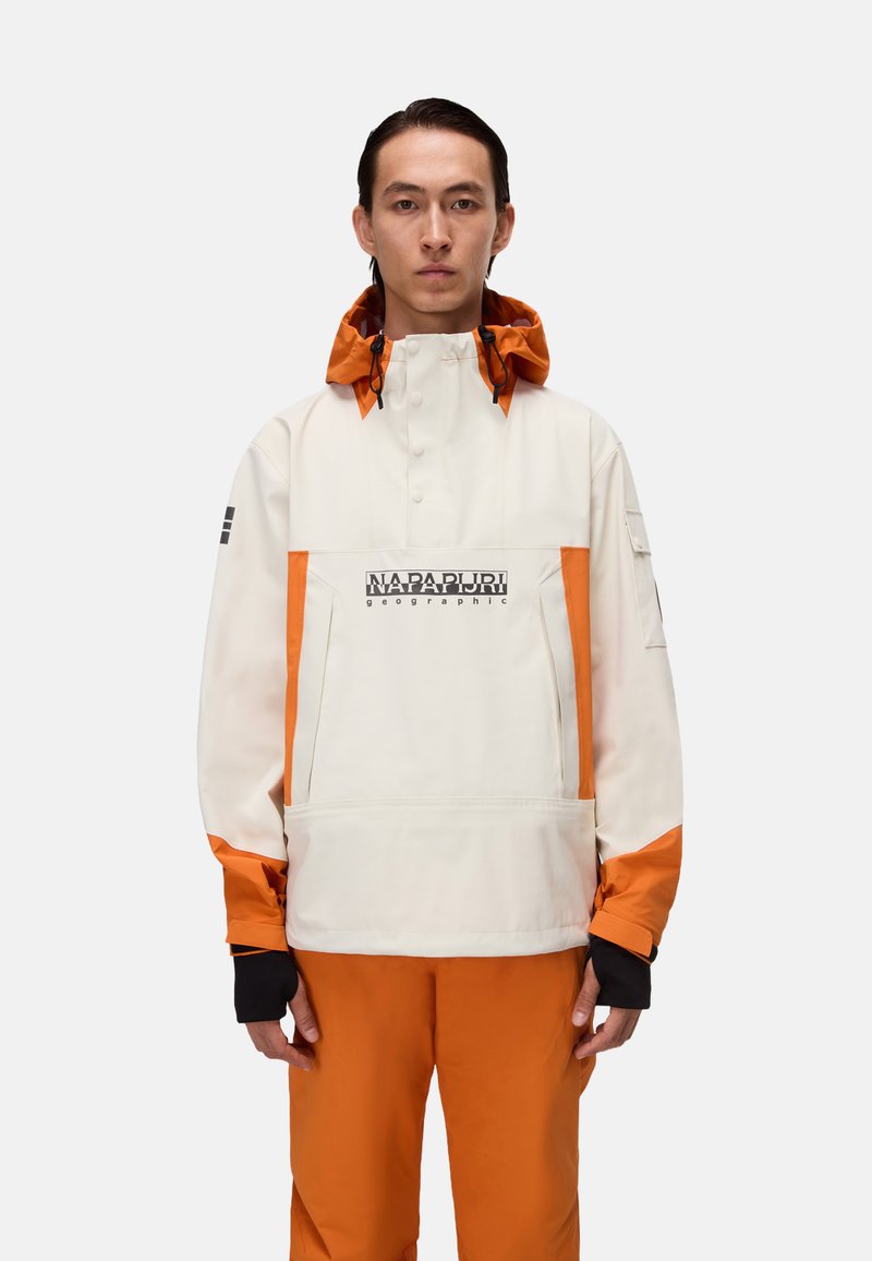 Giacca pullover bianca e arancione con cappuccio, dotata di tasca frontale, cordini regolabili e dettagli con logo del marchio.