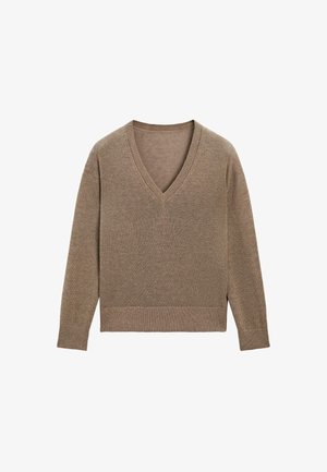 Lichtbruine gebreide trui met een V-hals, lange mouwen en een rechte zoom. Heeft een gestructureerd patroon en geribbelde manchetten en zoom.