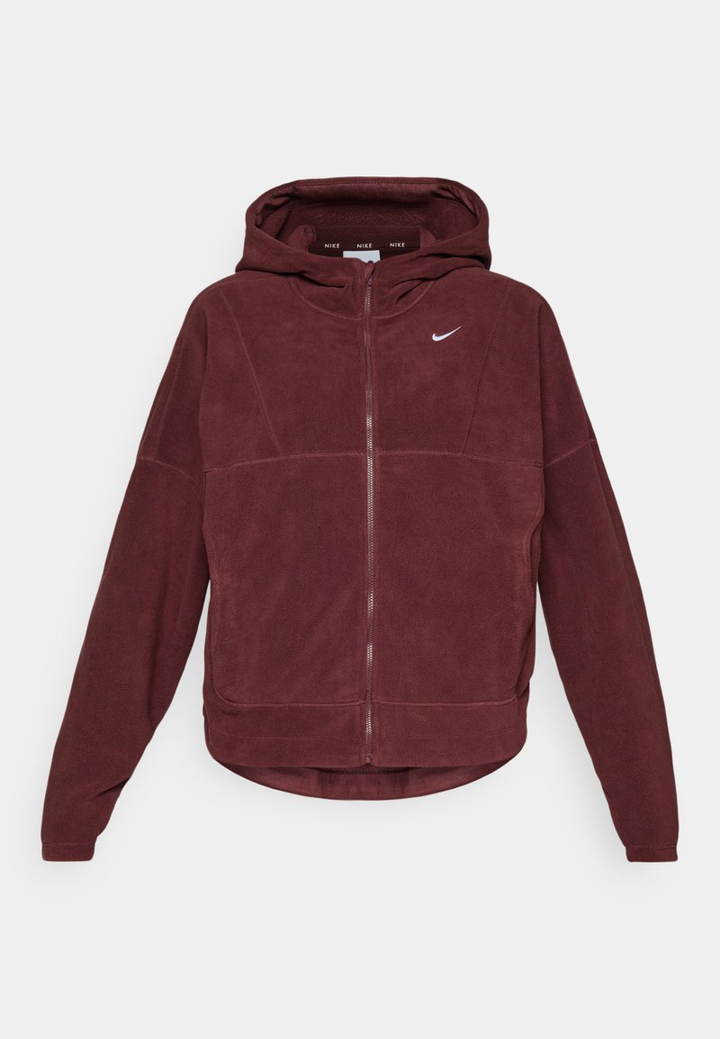 Felpa con zip color bordeaux realizzata in morbido fleece. Presenta un cappuccio, maniche lunghe e un piccolo logo bianco sul lato sinistro del petto. Orlo e polsini a banda.