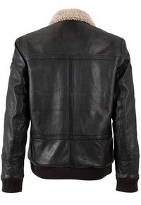 Chaqueta de cuero negra con un suave cuello de piel de oveja crema, ribetes marrones en el dobladillo y los puños, que presenta una textura lisa y un diseño minimalista.