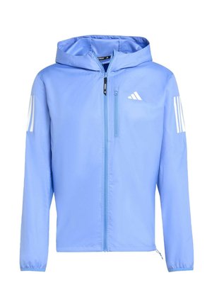 Veste légère bleu clair avec capuche, fermeture éclair à l'avant et poignets élastiques. Comprend le logo blanc Adidas et des accents rayés sur les manches.
